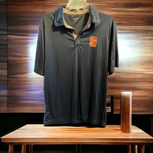 Large knit polo style shirt in navy blue with gray and orange accents